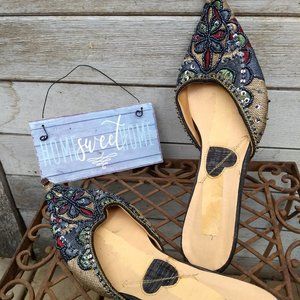 vintage 90s tan navy sequin aladdin curl mules EUC 🎈HOST PICK🎈